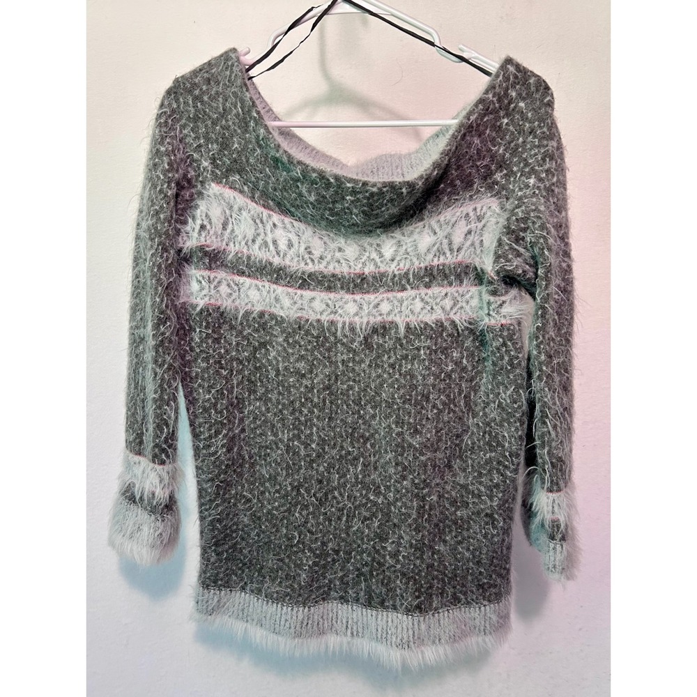 Sleeping on Snow Anthropologie Fuzzy Eyelash Knit Sweater Gray Blue Pink Large
